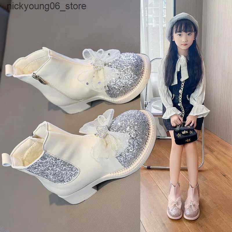 Boots Kid Shoe Fashion Girl Boots Autumn 2023Trend Soft Sole Princess Boot Non Slip Two Cotton Leather Boot Bow Ankle Boot Botas L240910