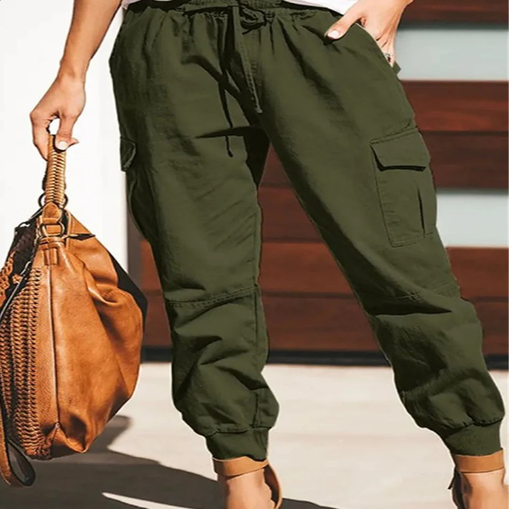 Women Casusal Cargo Long Pants Summer Female High Elastic Waist Drawstring Pocket Loose Solid Trousers ZYXX-1167 241008