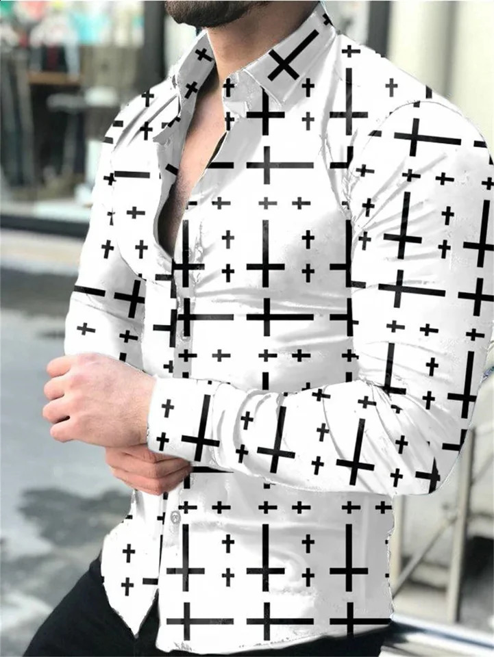 Spring/Summer Autumn Fashion 3D Digital Printing Cross Pattern Button Mens Casual Long Sleeve Shirt Collar Top 241007