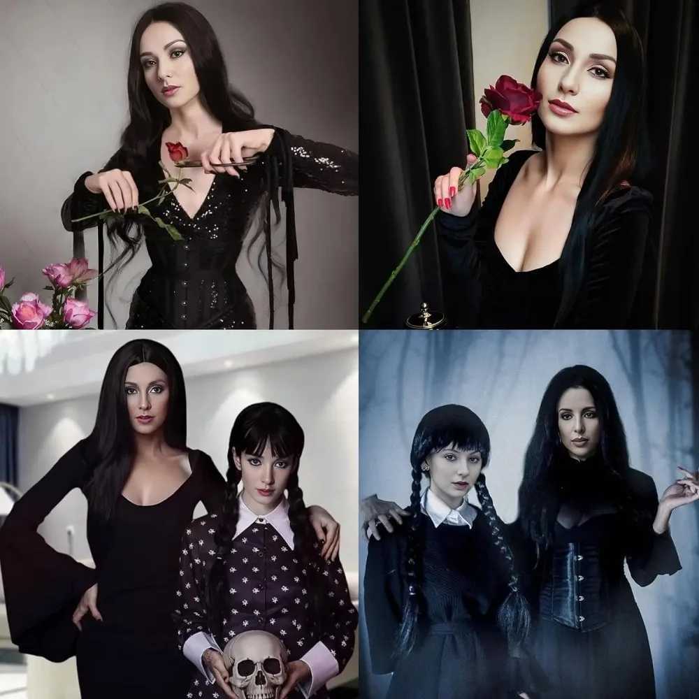 40inch Black Synthetic Wig Morticia Addams Costume Long Natural Straight Wednesday Wigs for Women Halloween PartyXJ241008