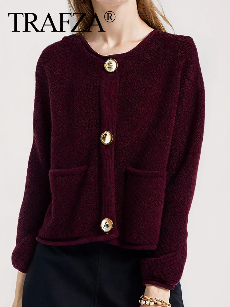TRAFZA Fashion Knitted Womens Cardigan Autumn Long Sleeve Round Neck Solid Single Chest Loose Fur Burgundy Coat 241007
