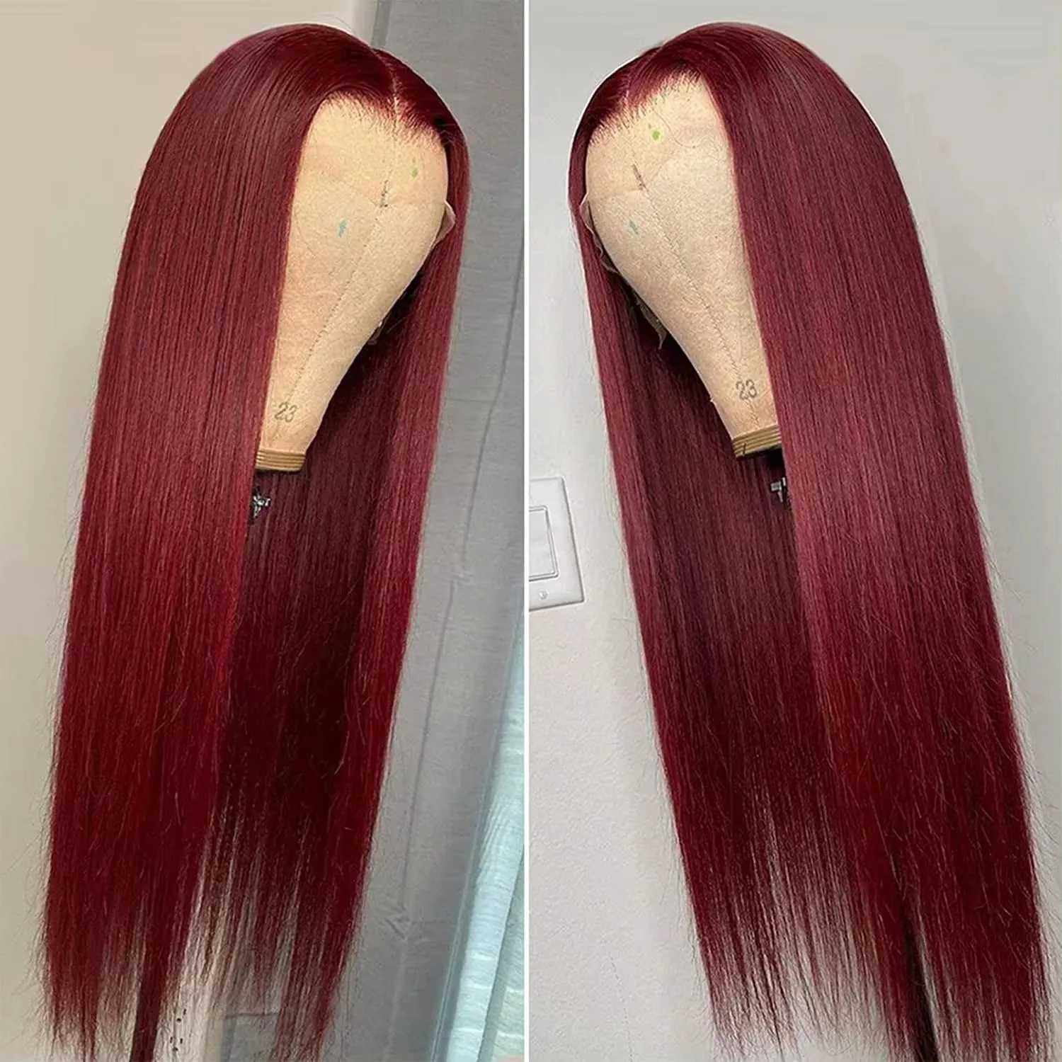 99J Red Burgundy Color Long Skily Straight 13X4 Lace Frontal Synthetic Wig For Women Heat Resistant Fiber Daily Party CosplayXJ241008