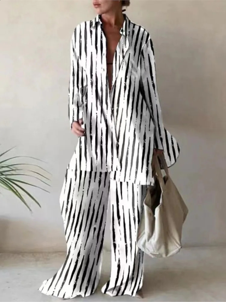 Women set Autumn Long Sleeve Lapel Printed Casual Fashion Elegant Beach Loose Wide Legs Trousers Ladies Two Piece Suits MsChuh 241007