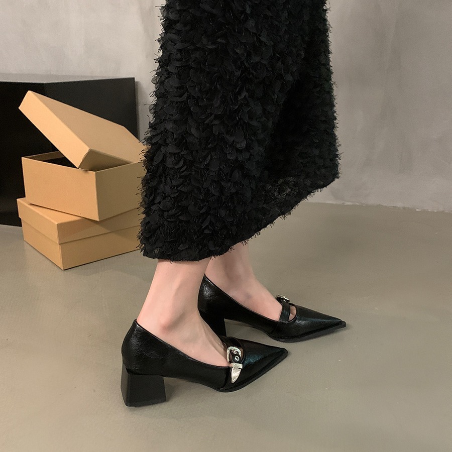 2025 New Designer Korean French Small Leather Commuter Shoes Thick Black Pointed Women's Single High Heels