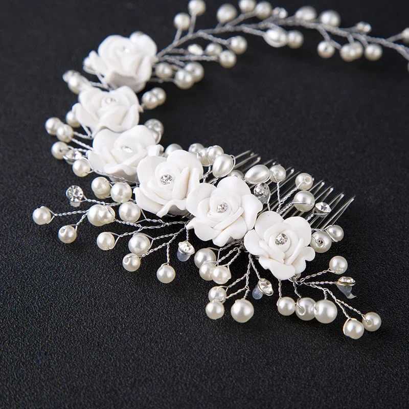 Bridal Wedding Crystal Bridal Hair Accessories Pearl Flower Head with Handmade Hair Bead Decoration Female Haircomb W2410075