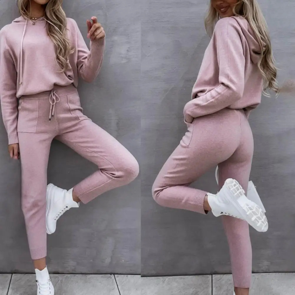 Womens sportswear long sleeved warm solid color zipper hooded sweatshirt jogging set chandals mujer conjunto femenino 241007