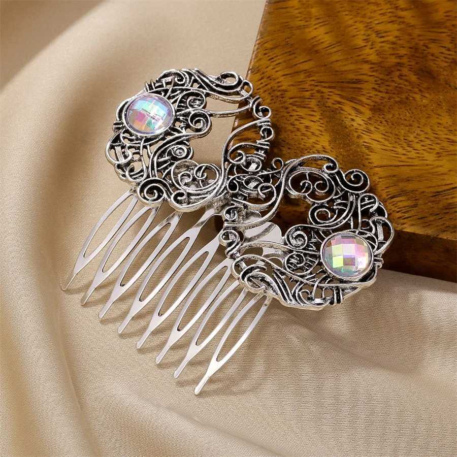 New fashion retro ethnic style hair comb suitable for women simple hollow alloy zircon resin hair daily wear hair accessories W241007