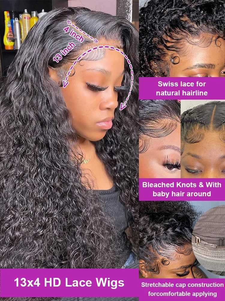 Transparent 300% Density Water Culry 360 Full Lace Frontal Wig Human Hair 40Inch Deep Wave 13x4 13x6 Hd Lace Front Wig For WomenXJ241008