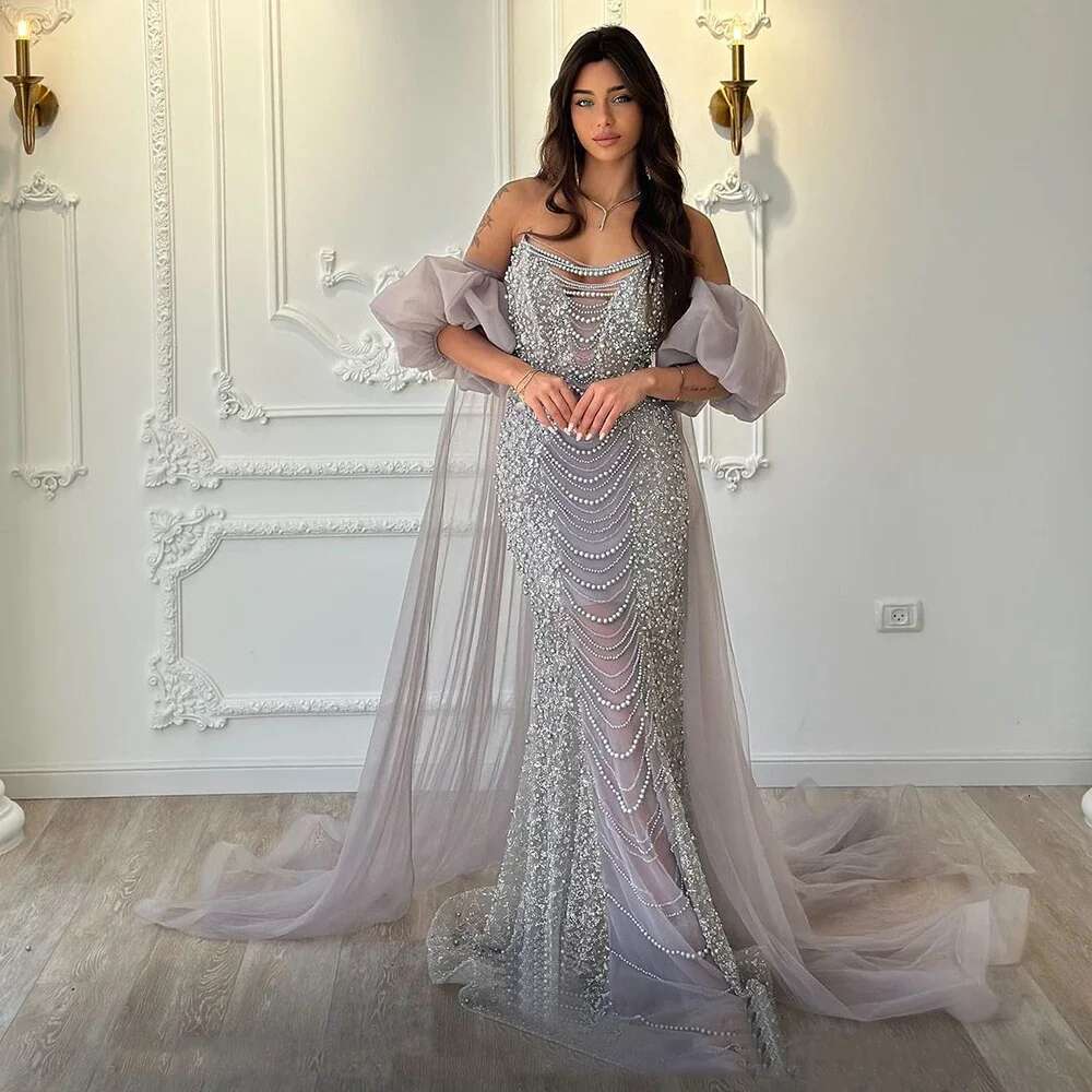Serene Hill 2024 Lilac Evening Gown Vintage Half Puff Sleeve Dress with Cape Jacket Beaded Pearls for Women's Party GLA72653