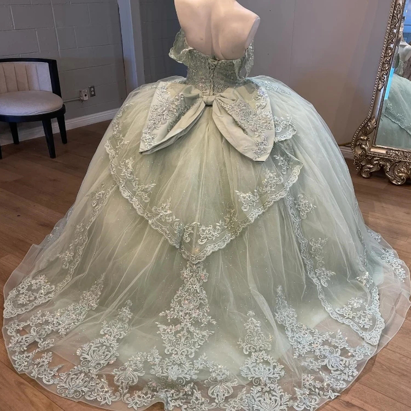 Light Green Princess Quinceanera Dresses Off The Shoulder Lace Appliques Beads Tull Sweet 16 Dress Ball Gown Vestido De 15 Anos