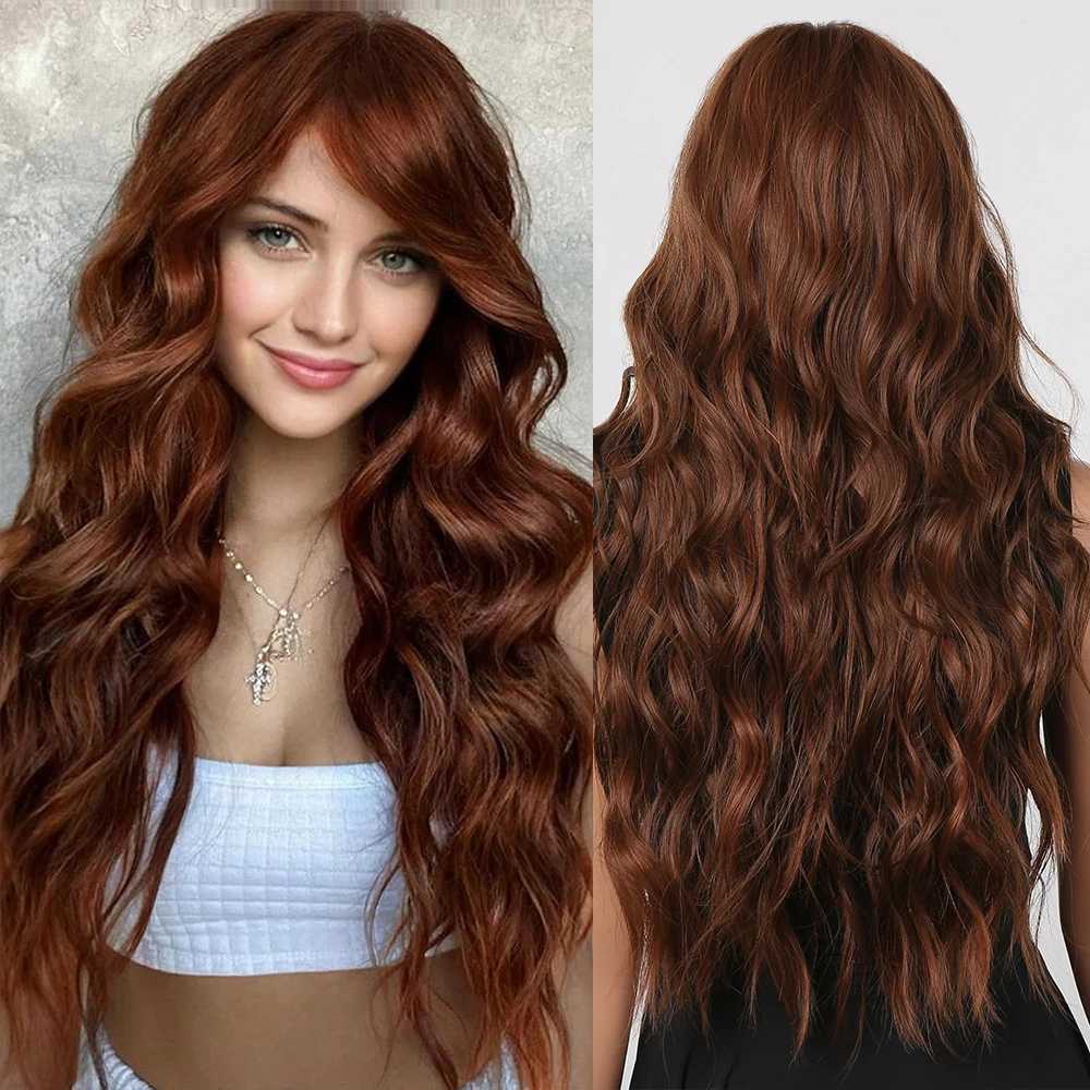 Long Wavy Chocolate Brown Synthetic Wigs for Women Natural Wave Curly Women Wigs With Bangs Daily Party Heat Resistant Fiber WigXJ241008