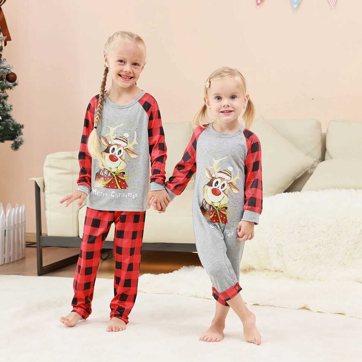 New Deer Plaid Print Christmas Pajamas Set Parent-child Matching Outfits Casual Loose Loungewear Baby Boys Girls Pjs Family LookXJ241008