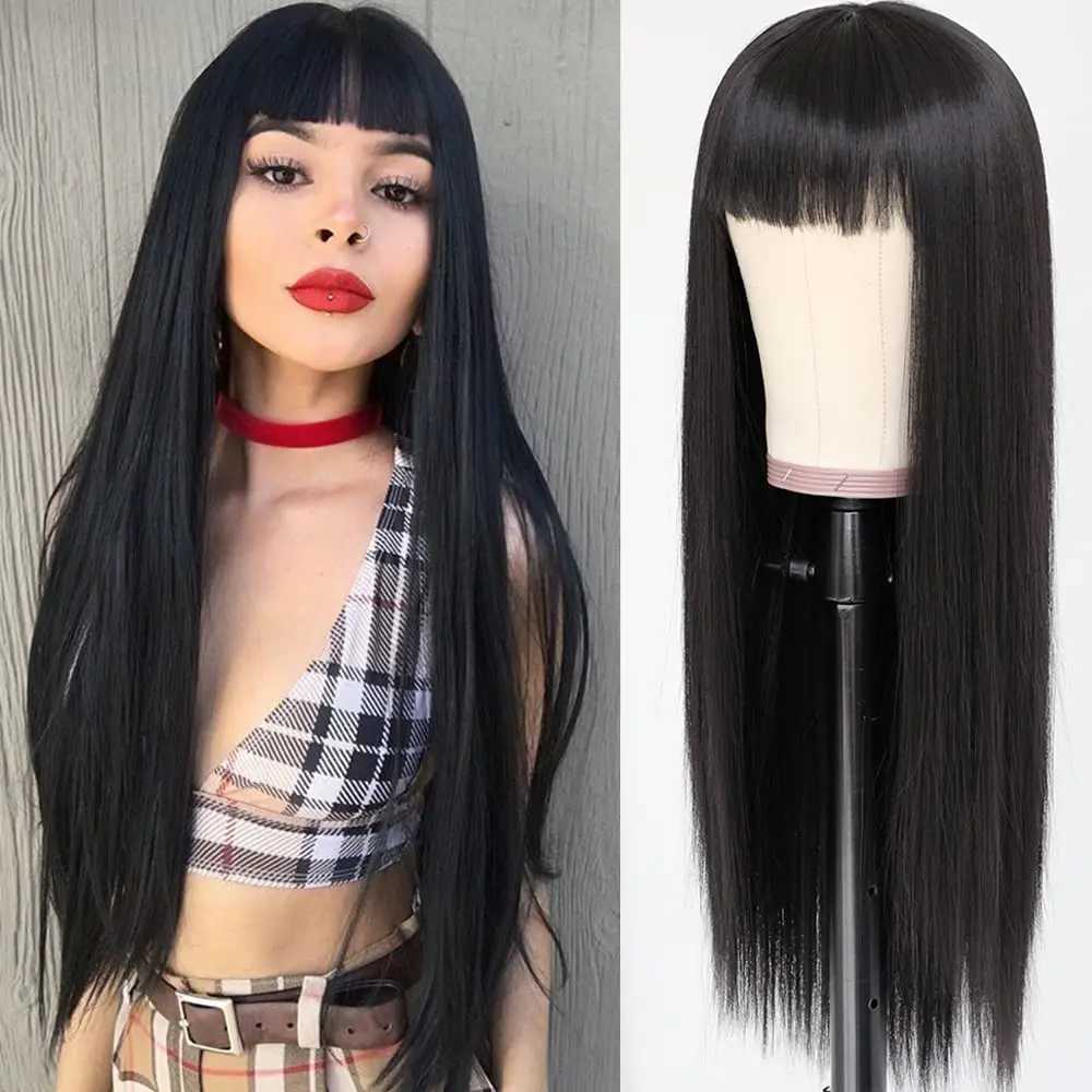 28 Inch Black Synthetic Hair Wig With Full Bangs Long Straight Wig Natural Soft Hair Heat Resistant Silk Headpiece For WomenXJ241008