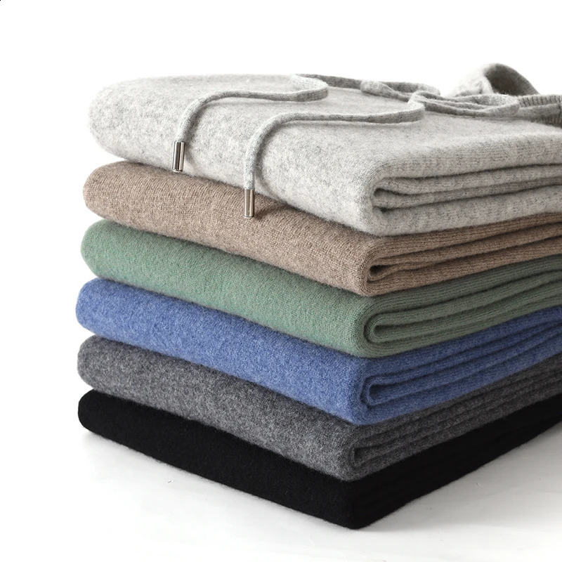 2024 Autumn Winter Cashmere Sweater Mens 100 Wool Hooded Collar Knit Pullover Business Casual Long Sleeved Sports Hoodie 240930
