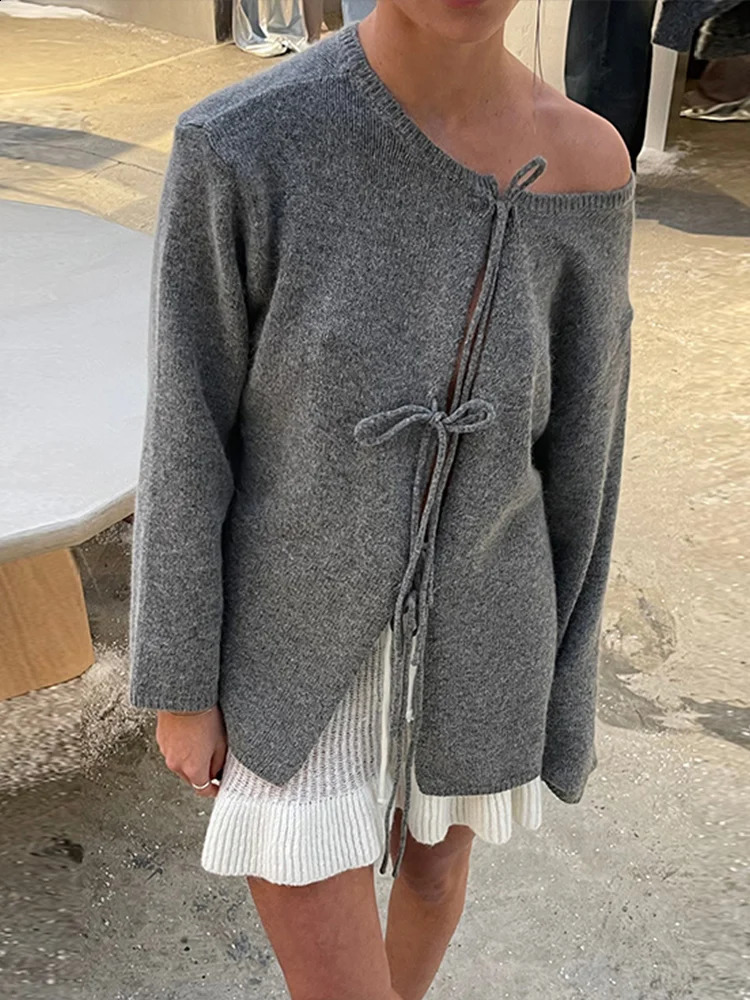 Grey knitted lace womens cardigan wool sweater solid color long sleeved casual loose sexy top 241007