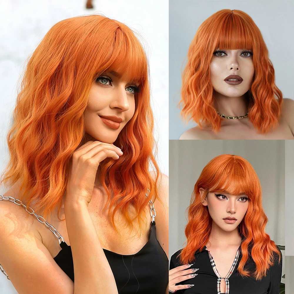 Short Curly Bob Cut Synthetic Wigs with Bangs Light Ginger Orange Water Wave Wig for Black White Women Halloween Heat ResistantXJ241008