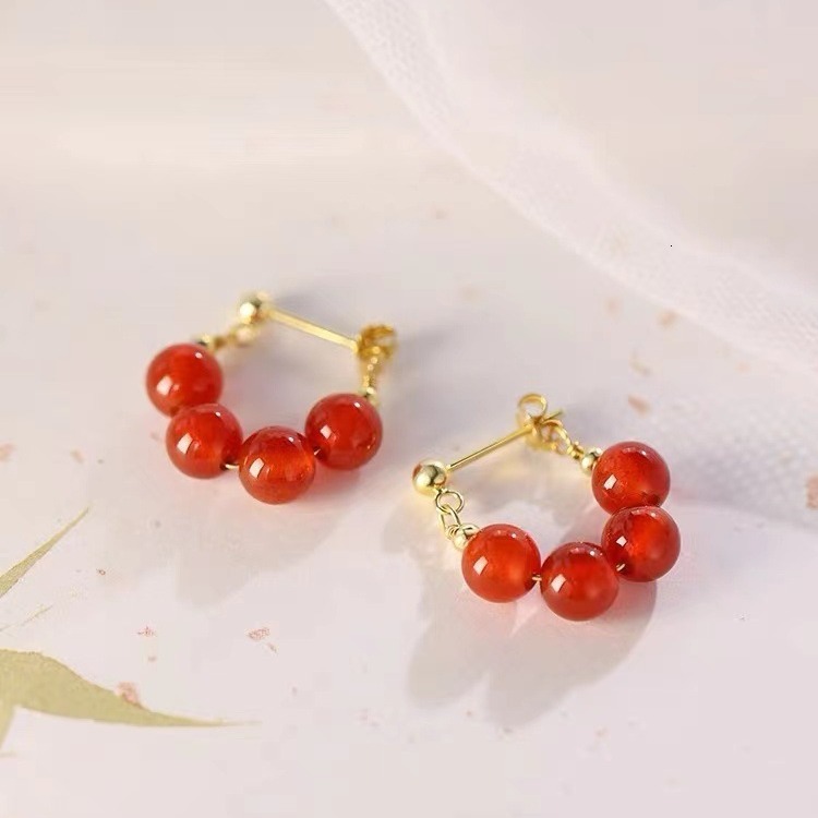 Pure sier needle red bead earrings for female niche, light New Year earrings, 2024 new ear accessories