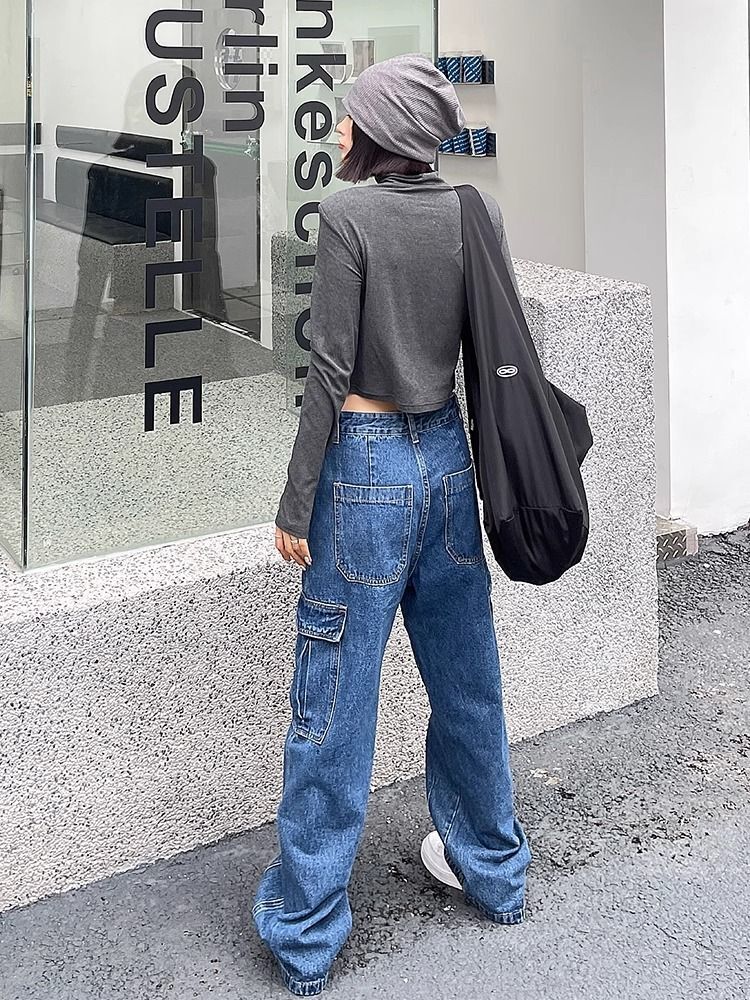 American New Style Retro Multi-Pocket Casual Overalls Y2k Women Low-Waist Hip-Hop Slim Loose Couple Straight Pants