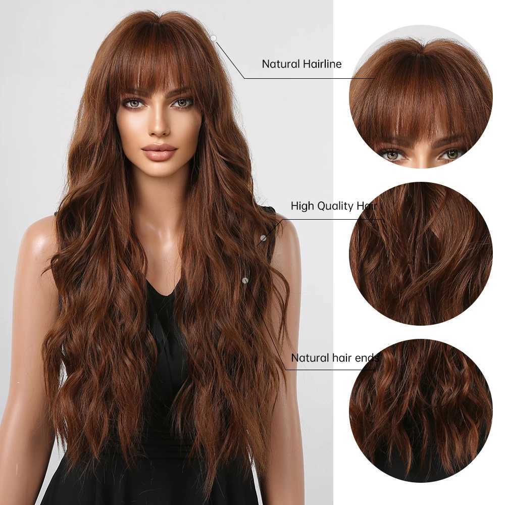 Long Wavy Chocolate Brown Synthetic Wigs for Women Natural Wave Curly Women Wigs With Bangs Daily Party Heat Resistant Fiber WigXJ241008