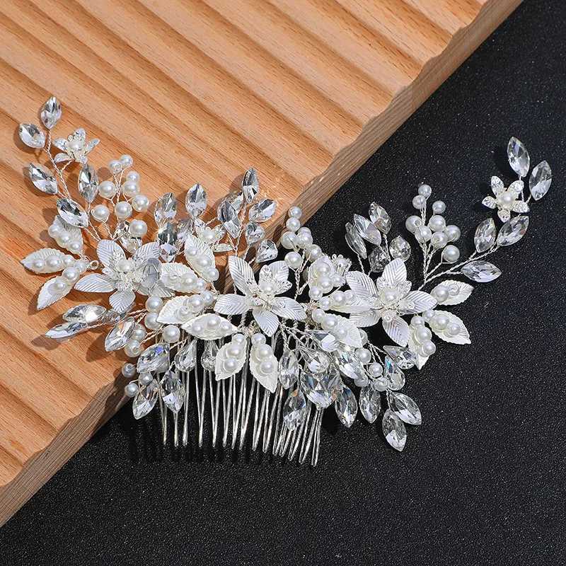 Silver flower hair comb clip girl handmade alloy pearl hair bride Tiaras wedding hair accessories crystal hair jewelry W241007