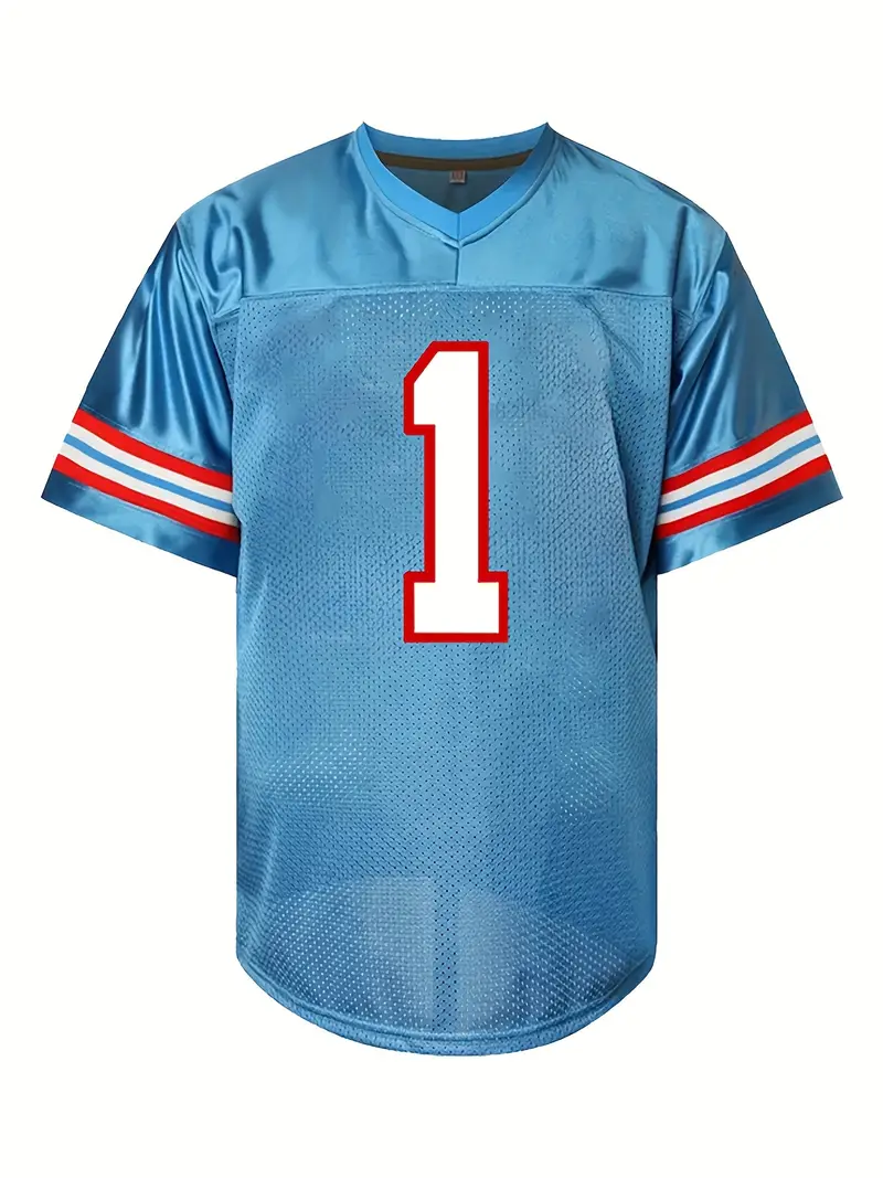 #1 Warren Moon Comfy V-Neck Football Jersey Light Blue Mesh Embroidery for Training and Competition Breathable Moisture-Wicking American Football Shir