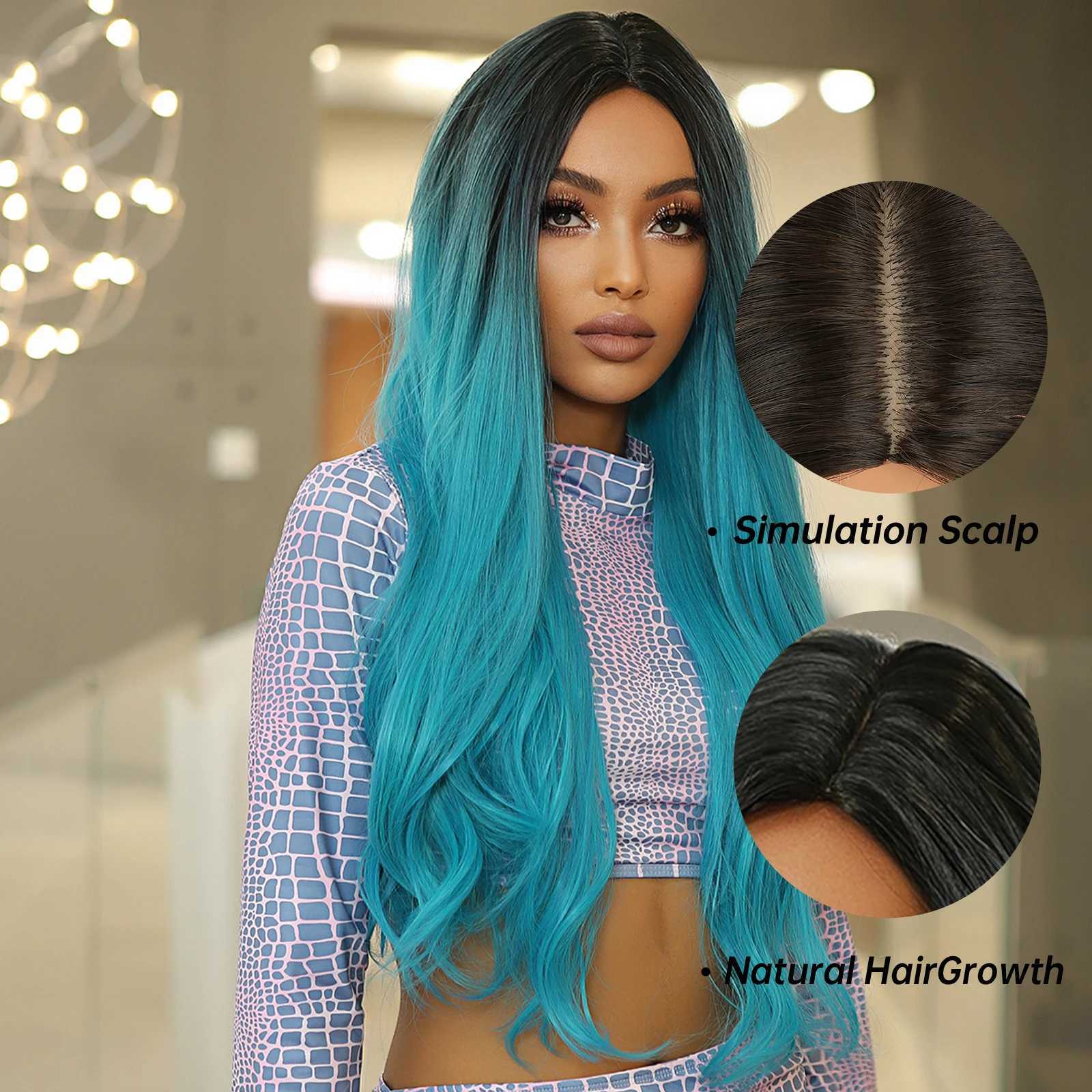 Blue Ombre Long Wavy Synthetic Wigs for Women Cosplay Wig Body Wave Natural Hair Wigs Christmas Party Heat Resistant Fake HairXJ241008