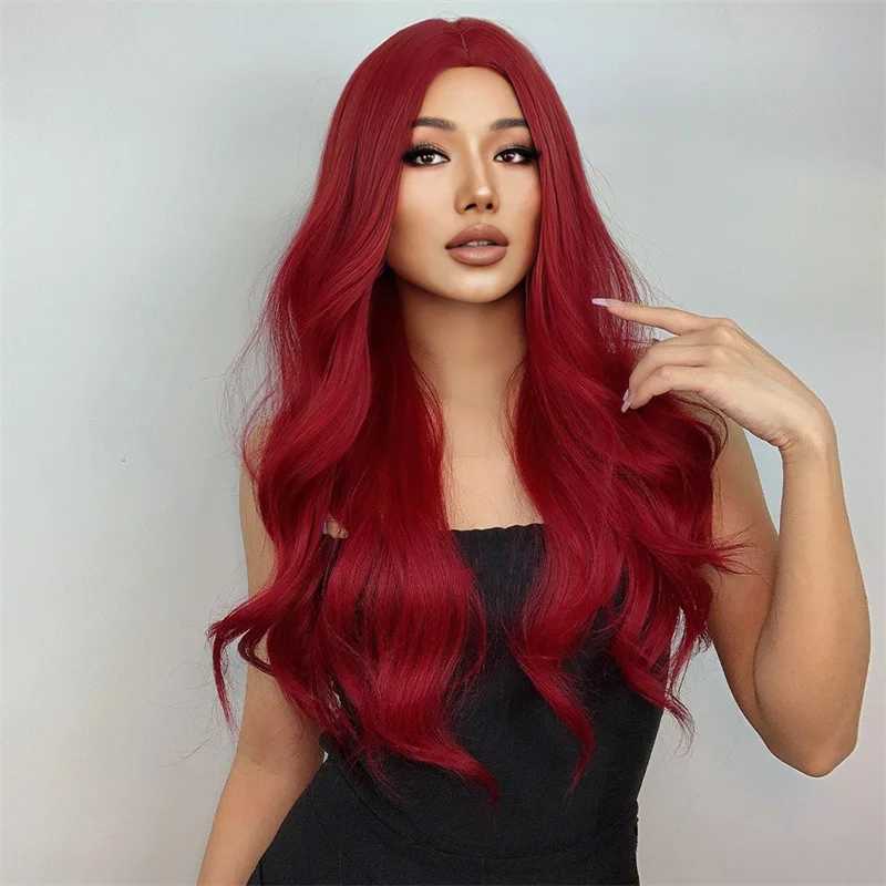 Hot red long curly hair in the parting fluffy big wave synthetic high temperature silk mechanism full head wigXJ241008