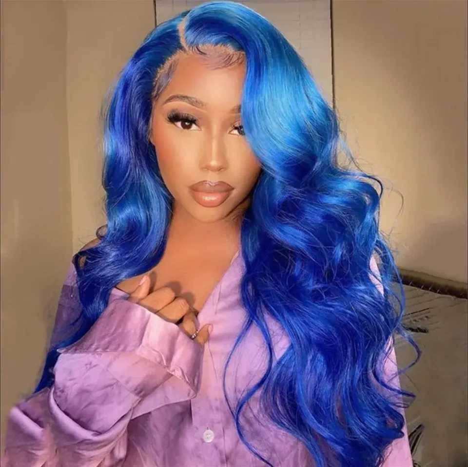 13x4 Sapphire Blue Lace Front Wig Body Wave Human Hair Wigs Dark Blue Color Transparent Pre-Plucked Lace Frontal Wigs For WomenXJ241008