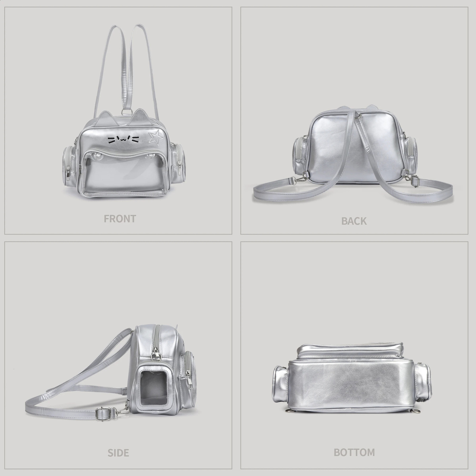 Y2K Ita Bag Cat PU Backpack Foldable Adjustable Straps Safe Zipper Cute Preparatory Style 241008