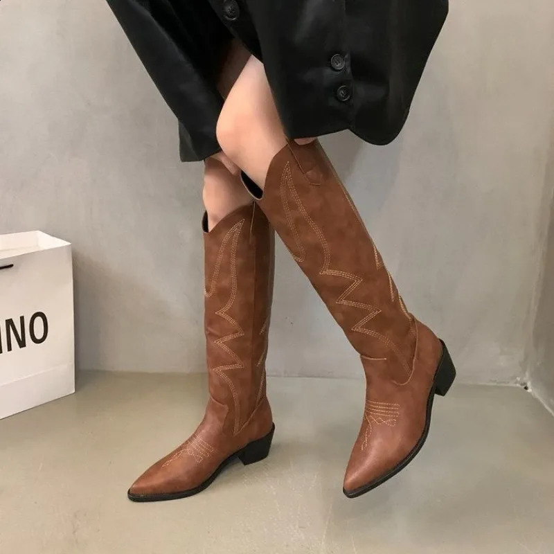Womens denim boots fashionable square low boots womens elegant sliding on long boots winter corner toe womens shoes 241007