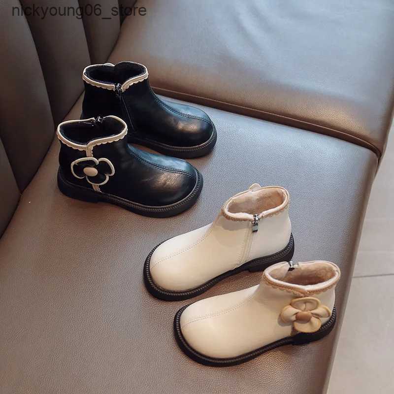 Boots 2-12Years Old Kids Boots Fashion Warm Children Ankle Booties Autumn Winter Girls Flowers PU Leather Shoes Footwear Black Beige L240910