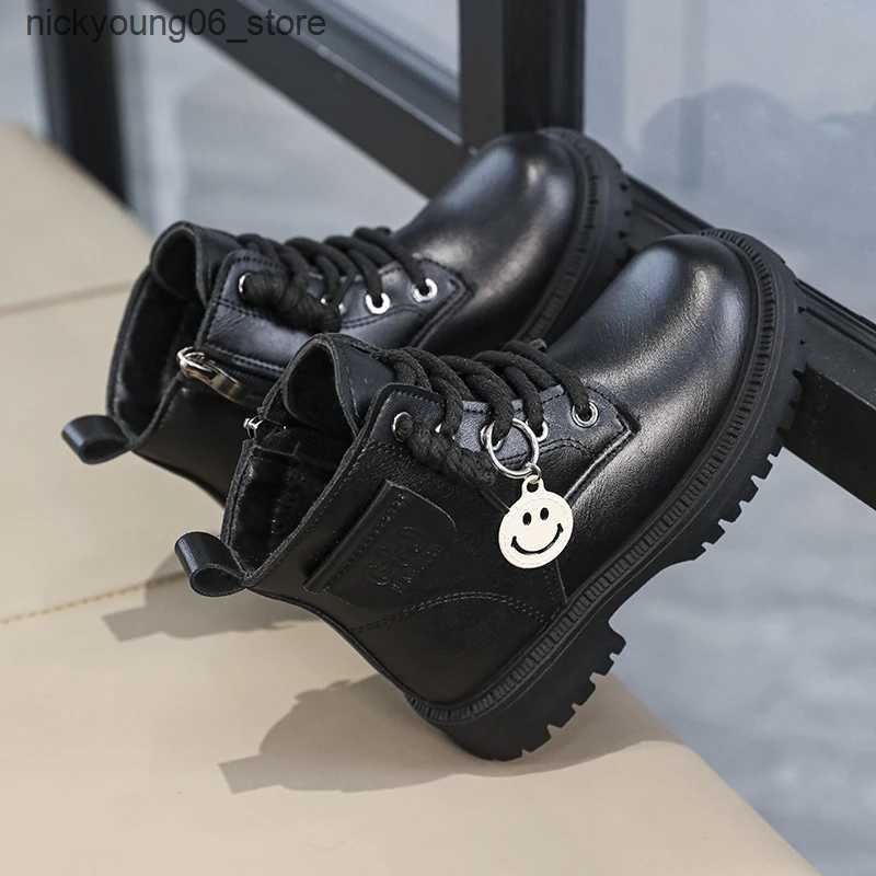 Boots Girls Boys Ankle Leather Boots with Zipper Lace Up Outdoor Hiking Waterproof Anti-Slip Durable Combat Bootie for Kids L240910 L0910