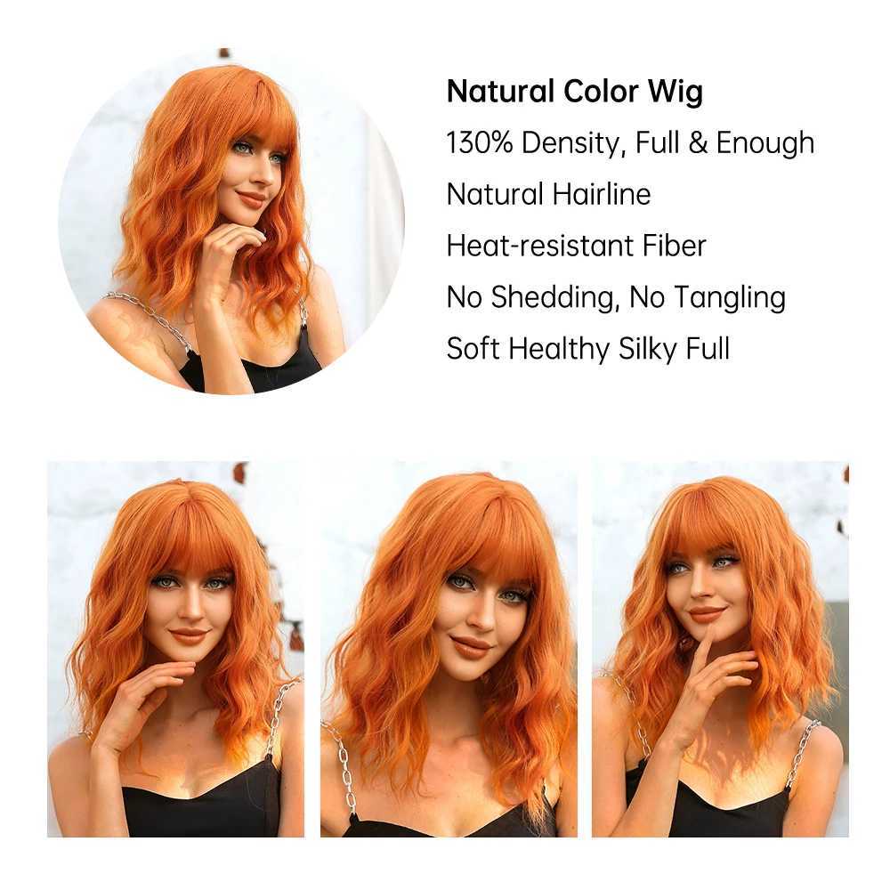 Short Curly Bob Cut Synthetic Wigs with Bangs Light Ginger Orange Water Wave Wig for Black White Women Halloween Heat ResistantXJ241008