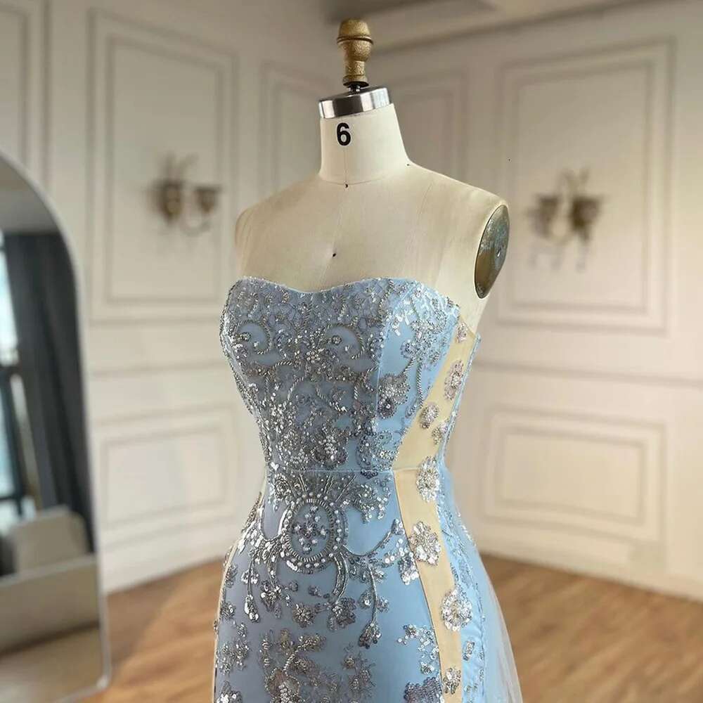 Wasisi 2024 Arabic Blue Strapless Mermaid Evening Gown with Tulle Overskirt Beaded Dress for Women's Party ELA72639
