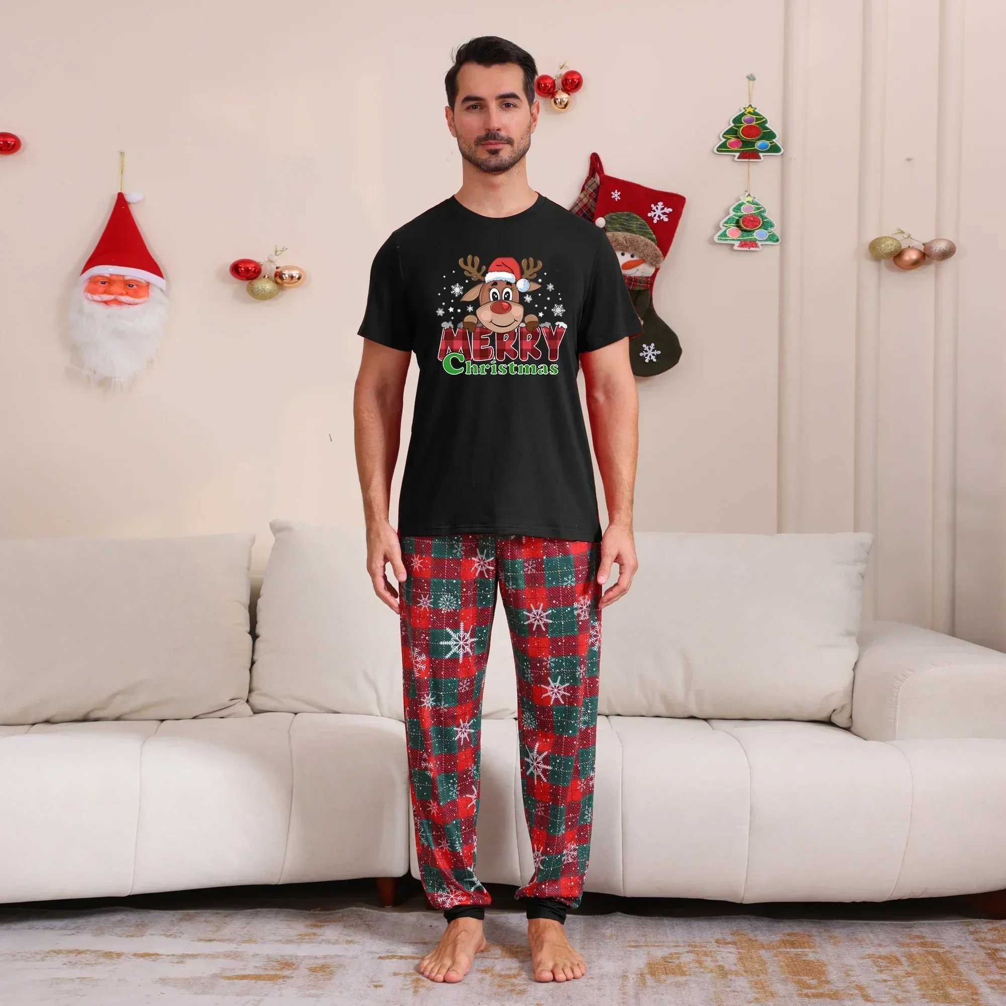 New 2024 Christmas Camel print matching pajama set suitable for family short sleeved top+long pants 2-piece set family clothing Christmas appearance p