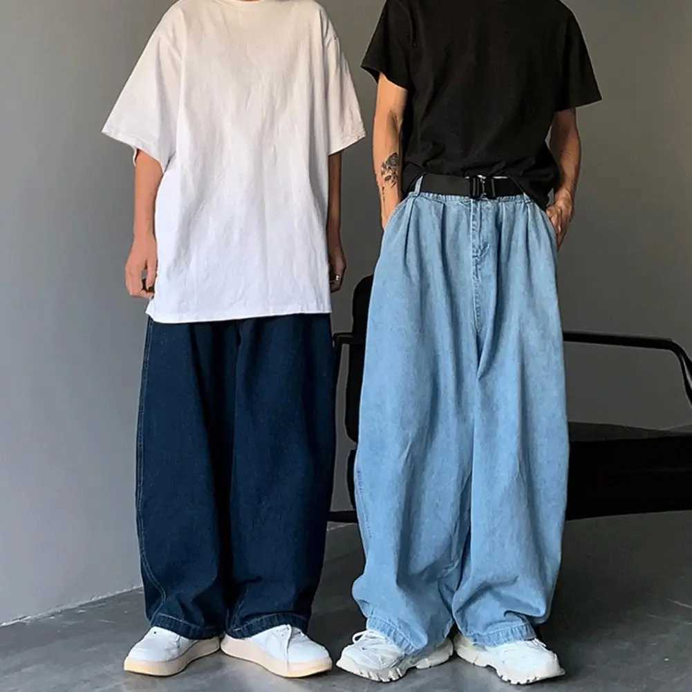 Mens jeans mid rise elastic waistband luggage jeans solid color hip-hop jeans oversized wide leg denim pants mid rise pocket vintage jeansW240715