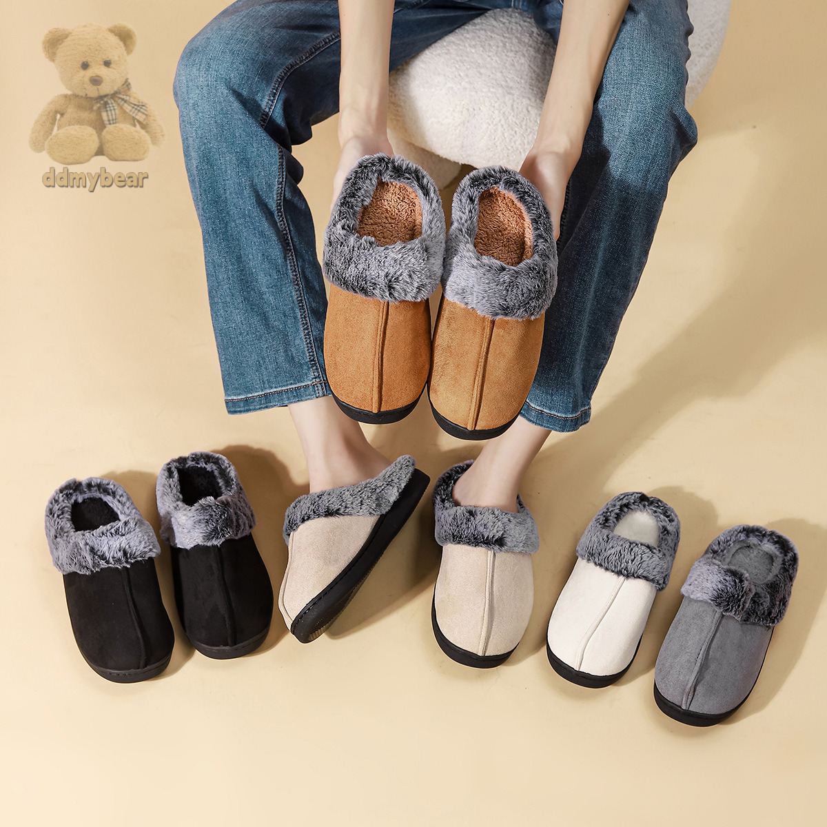 Ddmybear New Winter With Anti Slip And Warm Slippers, Faded Fur Mouth, Thick Sole, Couple Style Cotton Slippers Chinese Brand Shoes F1008-20