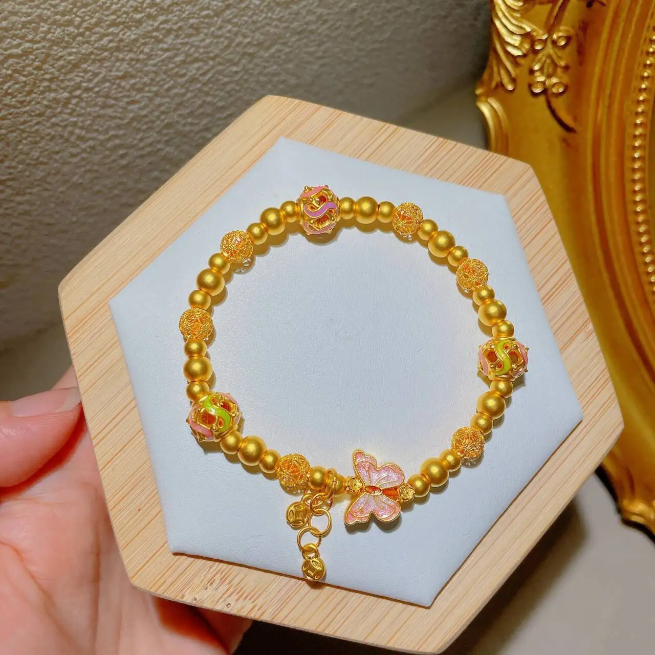 9999 24K genuine gold blue butterfly bracelet womens antique style explosive style niche high-end feeling colorful bracelet 240929
