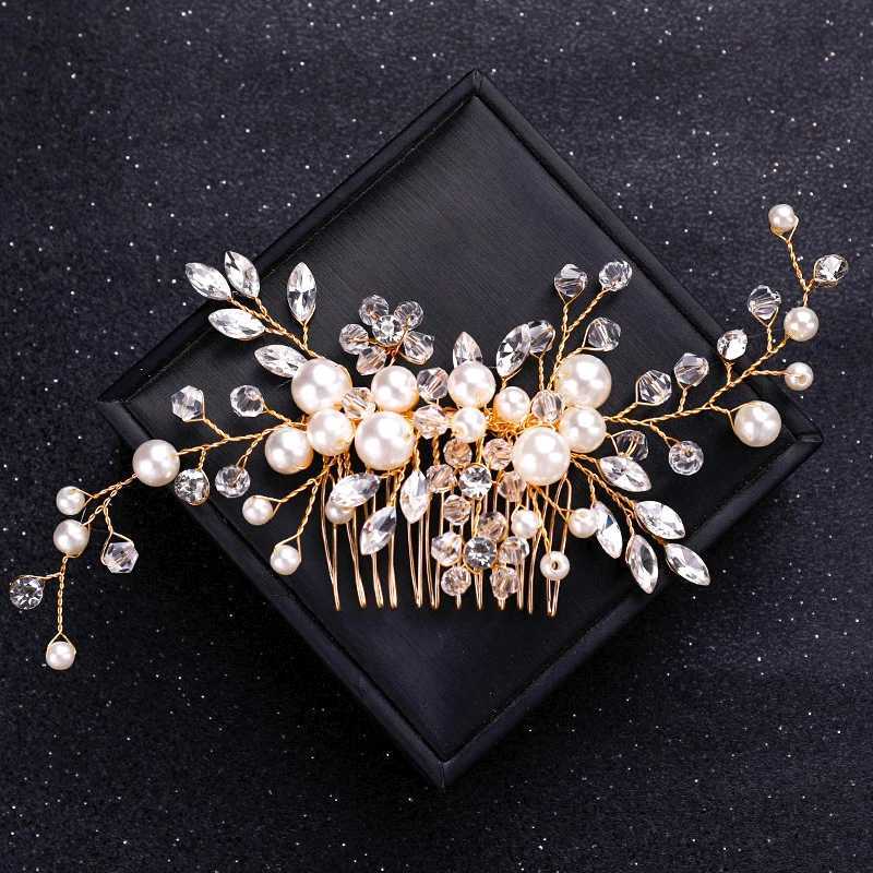 Golden crystal pearl hair comb headband for women bridal party bridal wedding hair accessories jewelry comb headband W241007
