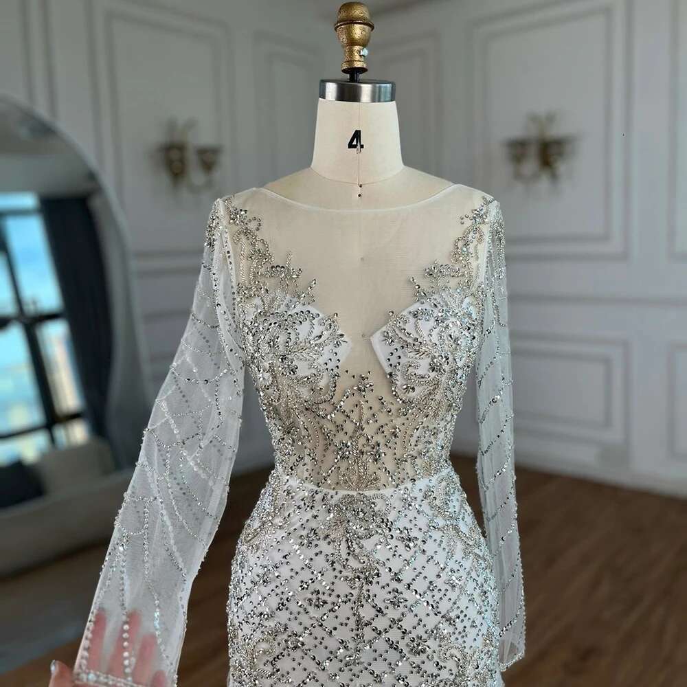 Serene Hill 2024 Arabic White Mermaid Dubai Evening Gown with Feathers Beaded Dress for Women's Party DLA72646