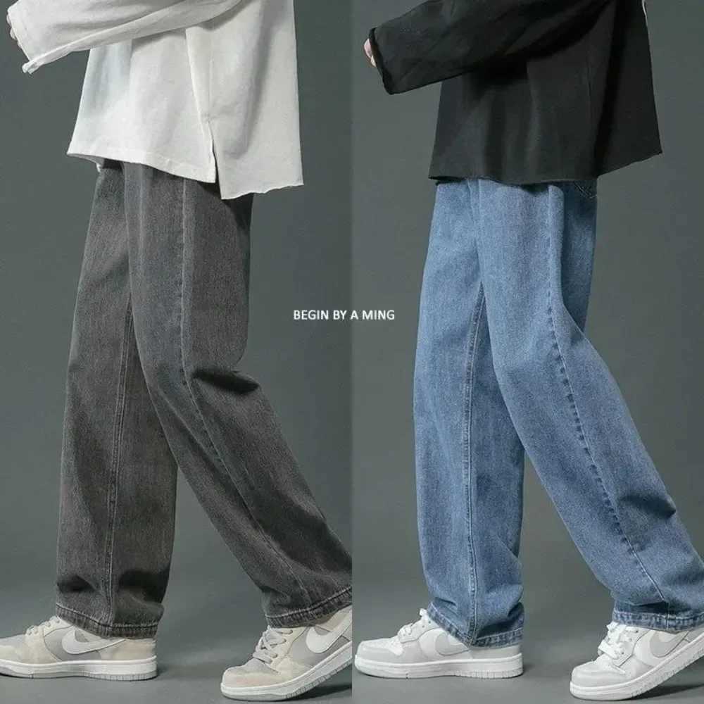 2024 New Hong Kong Style Solid Color Trendy Brand Loose Wide Leg Straight Pants Spring/Summer Retro Mens JeansW240715