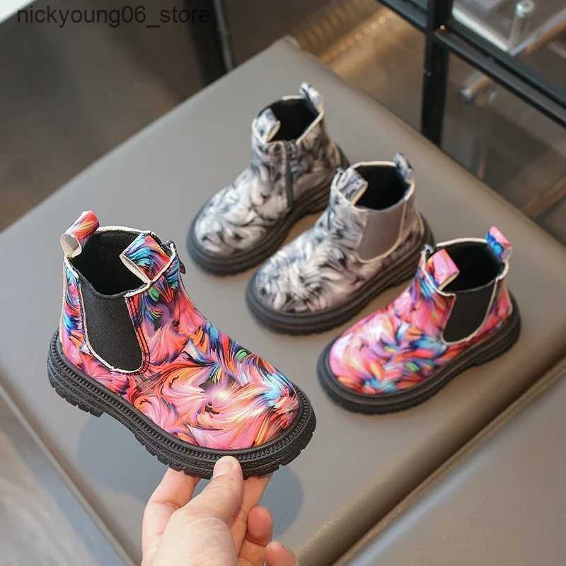 Boots Girls Ankle Boots Kids Chelsea Boots Fashion Flower Prints Rubber Outsole Toddlers Children Fashion Boots 2024 Autumn Winter New L240910