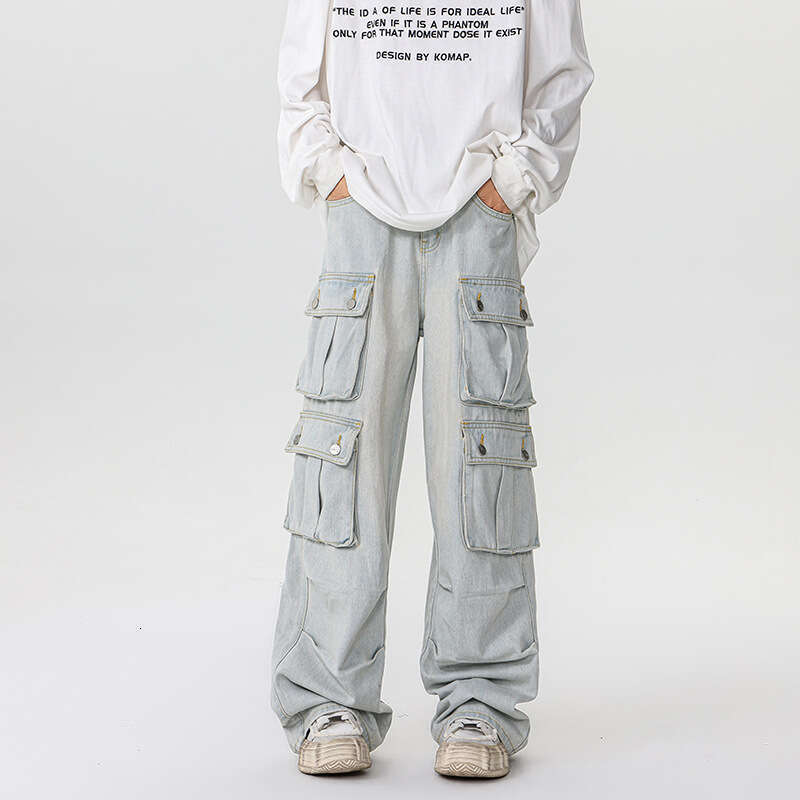 Spring And Autumn Japanese Retro Multi Pocket Workwear Jeans Men's High Street Trendy Brand Retro Loose Straight Leg Wide Leg Pants