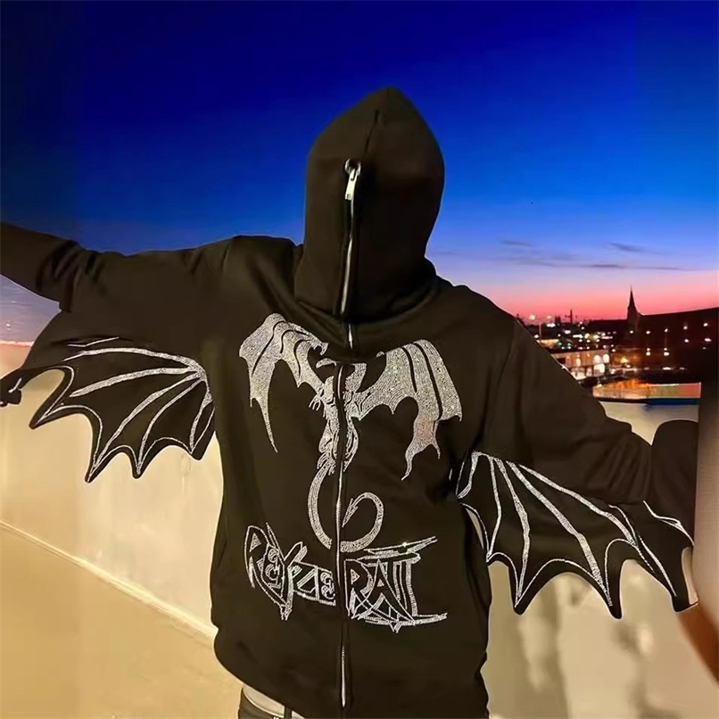 Y2K Fashion Retro Street Zipper Hooded Sweater Fire Dragon Pattern Neutral Sports Fantasy Long Sleeve Sweater 240930