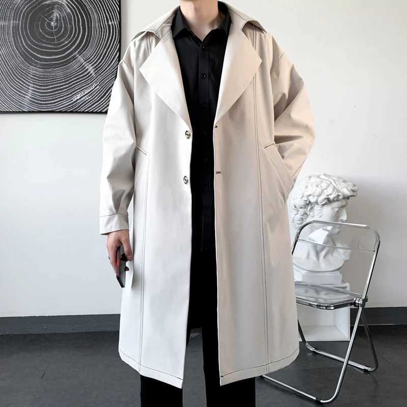 High quality mens chic line navy blue coat autumn single chest long navy blue coat solid color black/beige jacket W241007