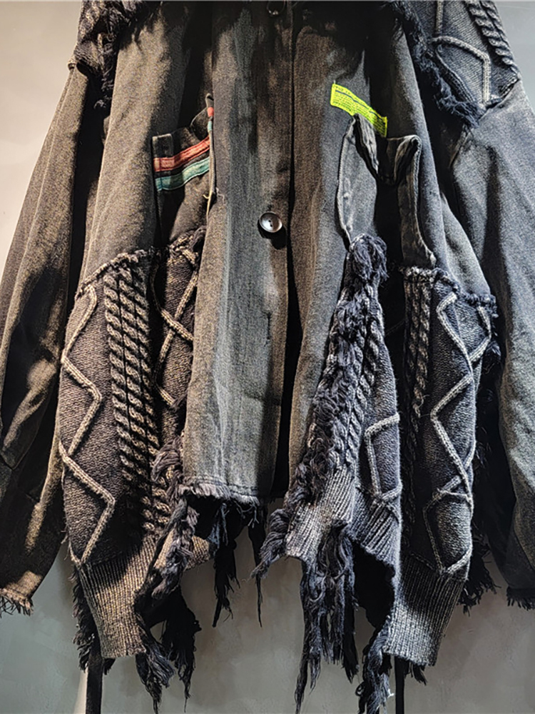 DEAT Women's Denim Coat Patchwork Knitted Washed Black Gery Irregular Do Old Loose Jackets 2024 Autumn New Fashion 29L8172