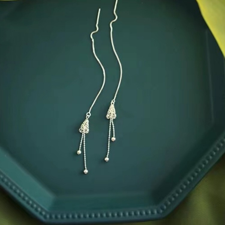 Pure sier needle patterned wind chime cute bell ear tassel earrings simple trendy women's style