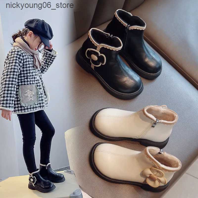 Boots 2-12Years Old Kids Boots Fashion Warm Children Ankle Booties Autumn Winter Girls Flowers PU Leather Shoes Footwear Black Beige L240910