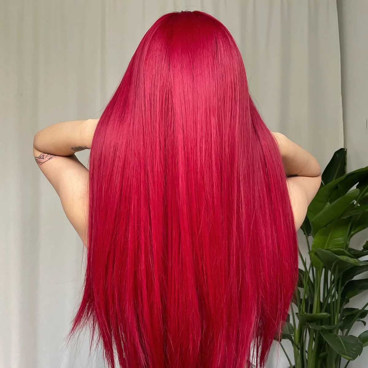 Light Wine Red Synthetic Wigs With Bangs for Women Long Straight Hair Wig Natural Cosplay Party Heat ResistantXJ241008