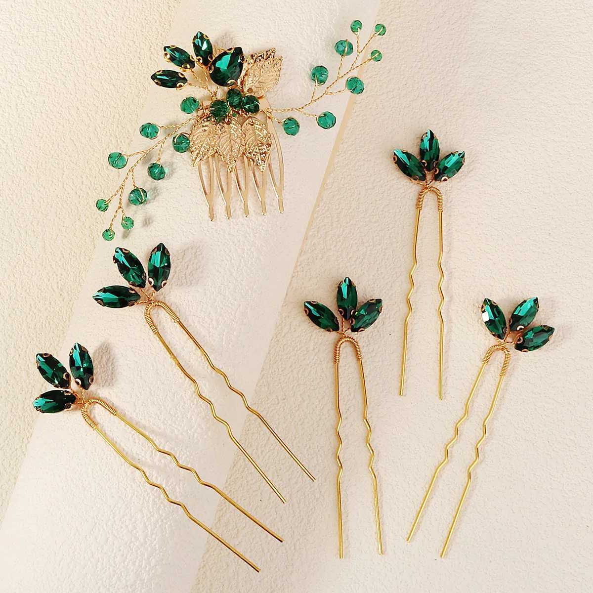 Fashionable green hair comb and pin set rhinestone crystal hair clip bridal wedding jewelry accessories bridal maid gifts W241007